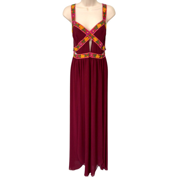 Free People Intimately Maxi Dress Burgundy Semi Sheer Floral Embroidery Trim S - Picture 1 of 13